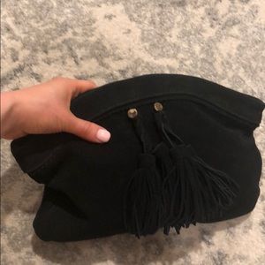 Black faux suede tassel clutch